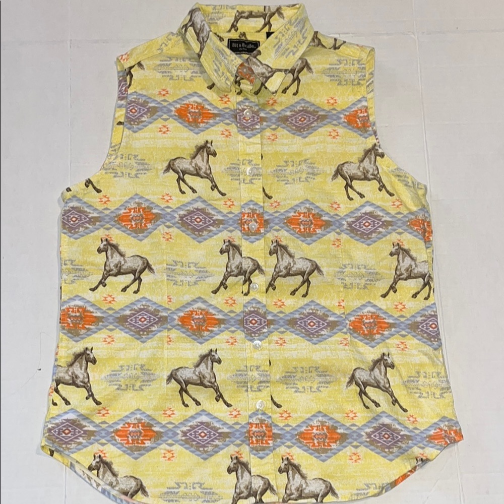 Bit & Bridle-XL- Yellow&Orange-sleeveless, horse motif Casual Button Down Shirt.
